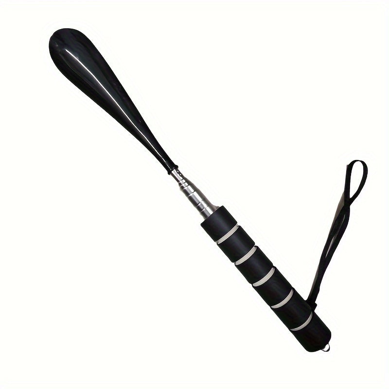 Telescopic stainless steel shoe horn with non-slip grip and adjustable length for easy footwear assistance on the go.