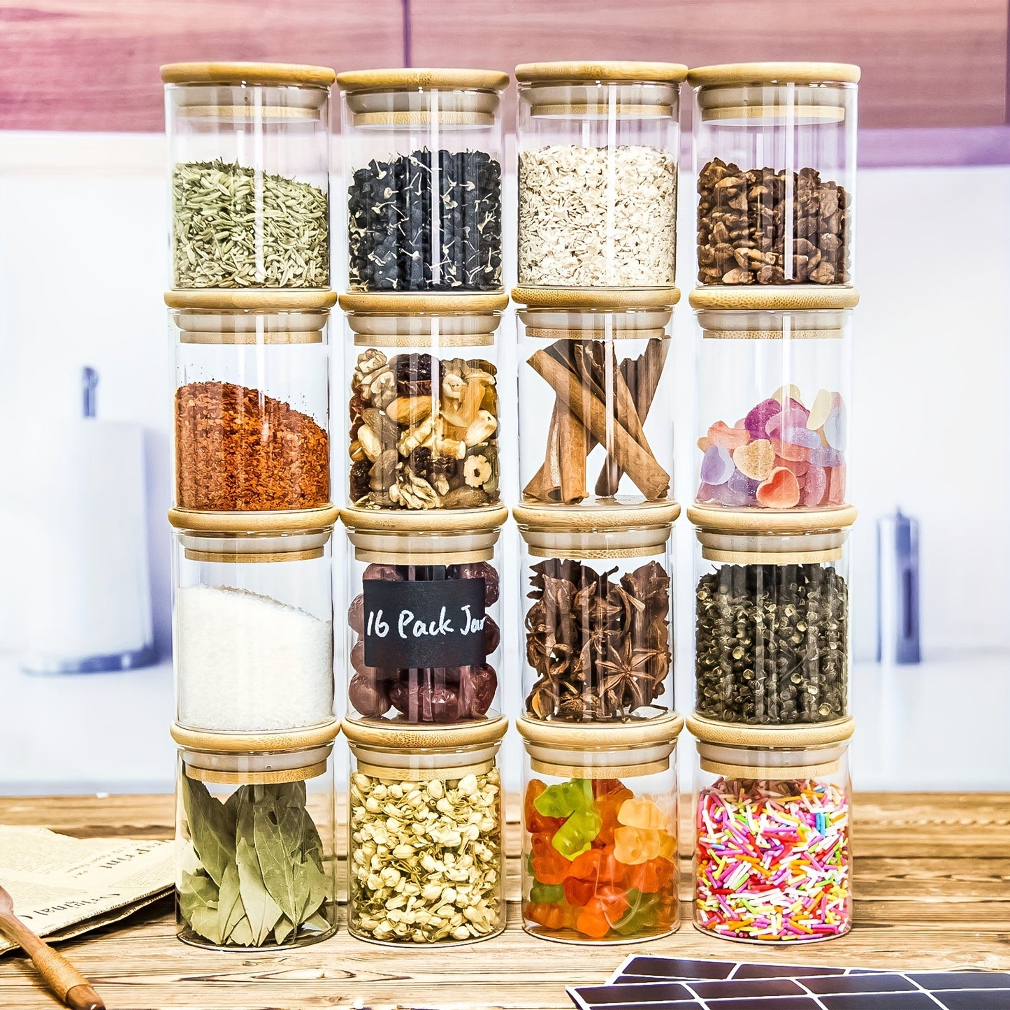 12-piece Glass Spice Jars Set with Bamboo Airtight Lids, Labels, and 8.5 Oz capacity. Complete kitchen tool for storing spices.