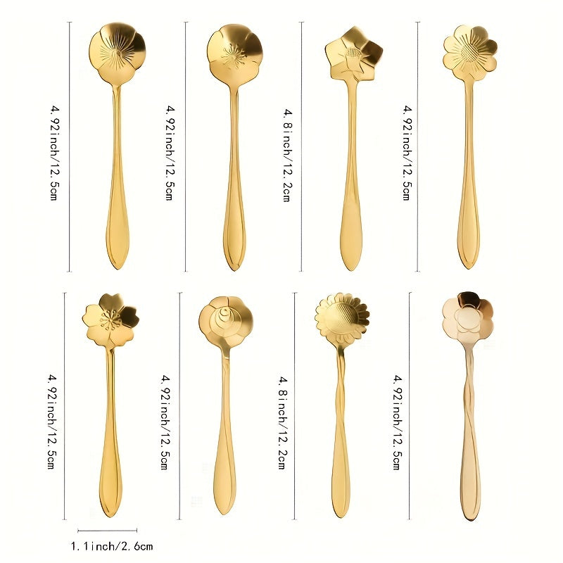 Set of 8 adorable flower-shaped spoons - Ideal for use with tea, coffee, ice cream, and desserts - Made from stainless steel with a luxurious golden and silver coating - Enhance your kitchen decor with these stylish accessories, perfect for a