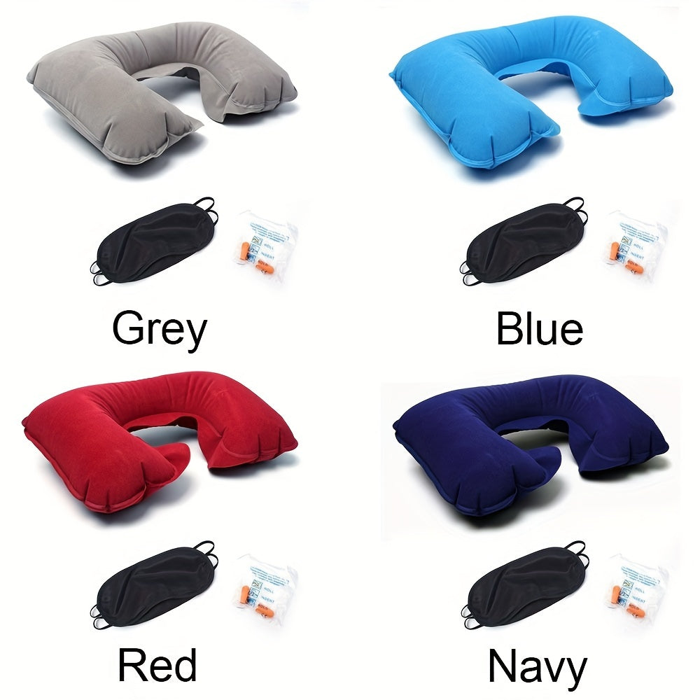 Inflatable U-shaped Travel Pillow Set with Short Plush Cover, PVC Support Headrest, Earplugs, and Eyeshade for Car or Office Use