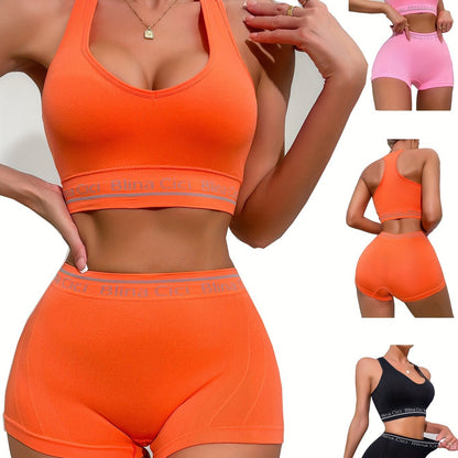 Sporty lingerie set includes racerback bra and boxer shorts for jogging or gym.