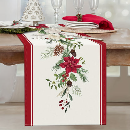 Christmas table runner with red poinsettia and pine branches, available in various sizes for indoor or outdoor home parties.