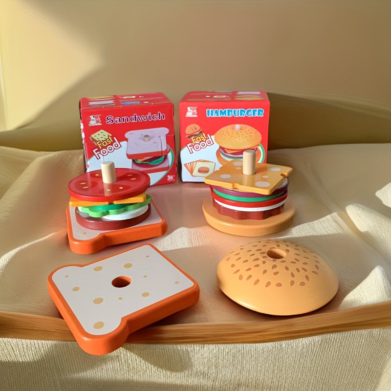 Children's Wooden Pretend Hamburger and Sandwich Set with Matching Props, Cutting Food, Kitchen Tools, Perfect for Kindergarten Family Toys, Ideal Gifts for Christmas, Halloween, and Thanksgiving