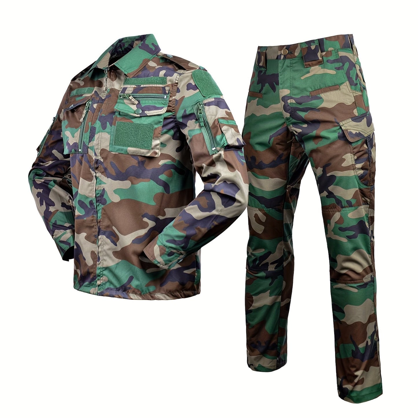 Durable and breathable men's camo training suit for outdoor activities, machine washable.