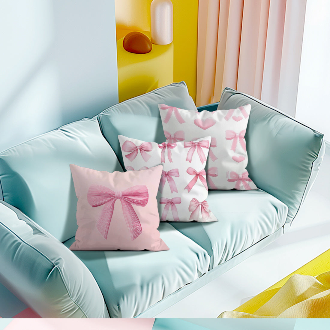 4 pink bow pillow covers for sofa, 45*45cm, single-sided print, peach skin material