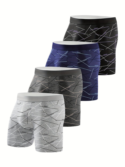 Men's 4-pack of underwear and sports pants with printed and lined designs, includes four-corner shorts and long straight-leg pants that are comfortable, skin-friendly, and breathable.