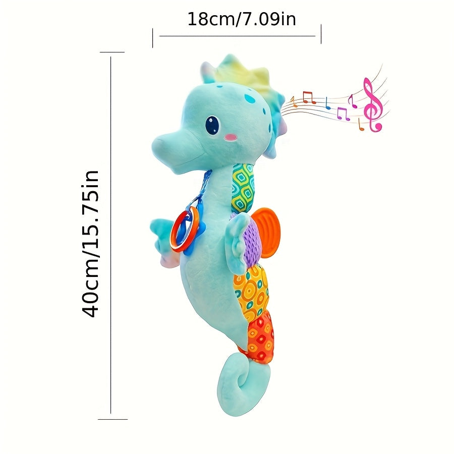 1 piece of WELLFAR Soft Plush Seahorse Toy featuring a Hidden Head Music Box, Hanging Ring, Squeakers, and Crinkle Sound Paper - Made from Polyester Fiber, this Interactive Baby Toy is Perfect for Newborns and makes an Ideal Gift for Birthdays