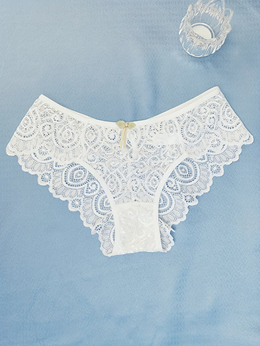 Women's low waist panties made of floral lace with cut outs, breathable and semi-sheer.