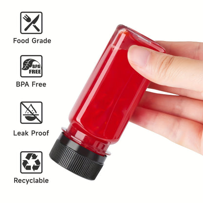 Leakproof 2oz mini shot bottles with screw caps made from food-grade plastic. Ideal for juice and wellness shots. Freezer safe and BPA-free.