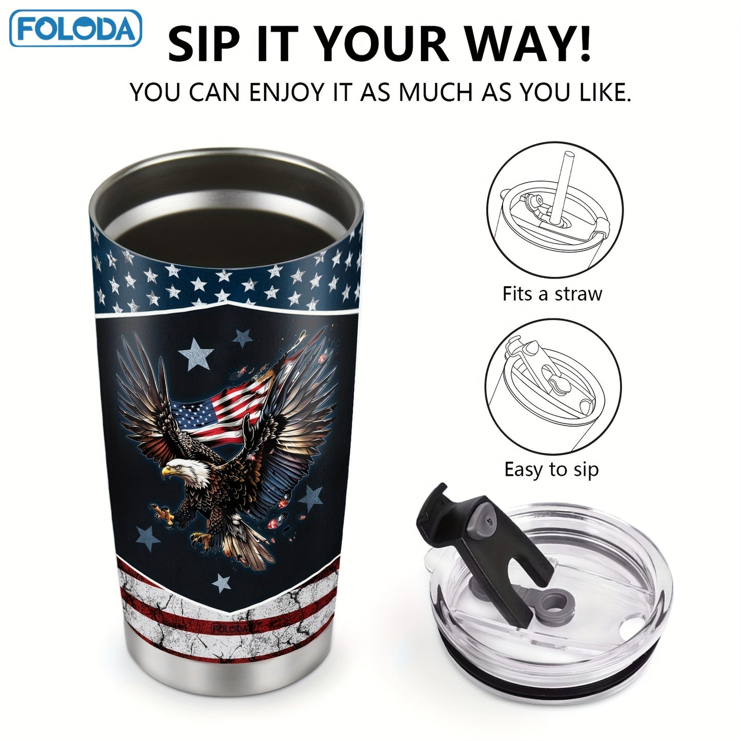 Foloda American Flag Eagle Tumbler 20oz with Sliding Lid - Hand Wash Only, Oval Shape, Ideal for Running & Outdoor Sports - Great Gift for Holidays.