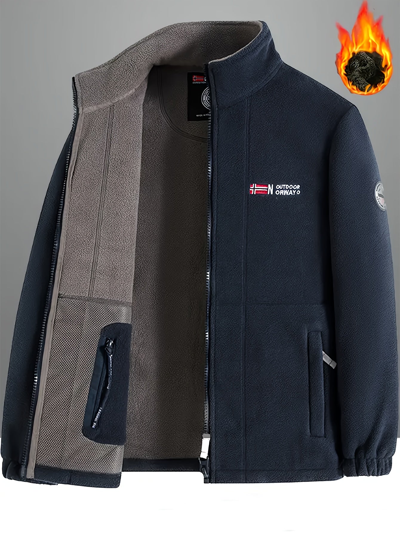 Men's fleece-lined jacket with embroidered detailing in black and gray, featuring a stand collar, zip-up closure, side pockets, and shaggy fleece fabric.