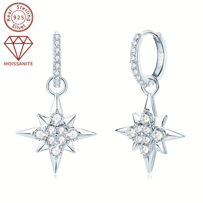 This pair of women's fashion dangling earrings features a total weight of 4.39g and is adorned with 8 pieces of 3mm moissanite stones, 8 pieces of 2mm moissanite stones, and 2 pieces of 0.52 carat moissanite stones. The earrings are crafted in 925