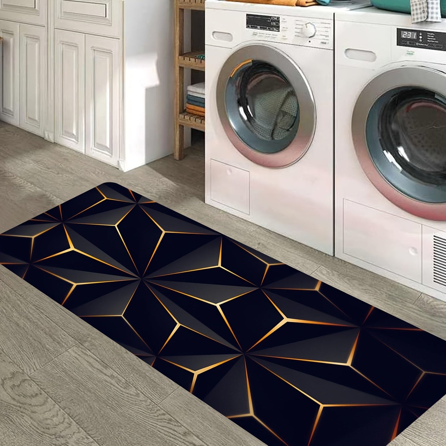 Stylish Black and Gold Geometric Area Rug - Contemporary, Easy-to-Clean Flannel Plush Carpet for Living Room, Bedroom, Entryway - Slip-Resistant, Absorbent Floor Rug