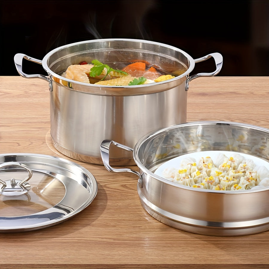 Large Capacity Stainless Steel Steamer Pot with Dual Handles - Versatile Multi-Layer Design for Steaming & Cooking, Dishwasher Safe, Ideal for Home, Parties, Camping, and RVs