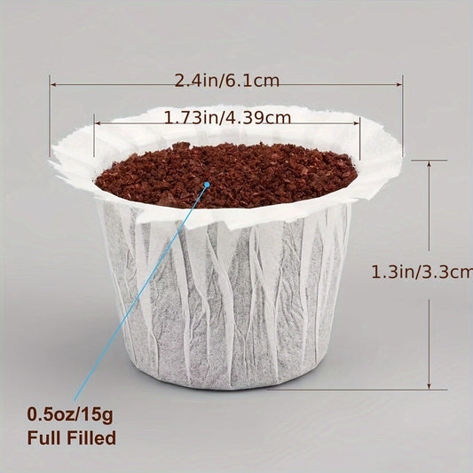 Disposable paper coffee filters in a pack of 300 designed for K-Cups, featuring reusable cup paper filters that are compatible with all brands. These filters are easy to use and clean, ensuring a hassle-free coffee pod experience.