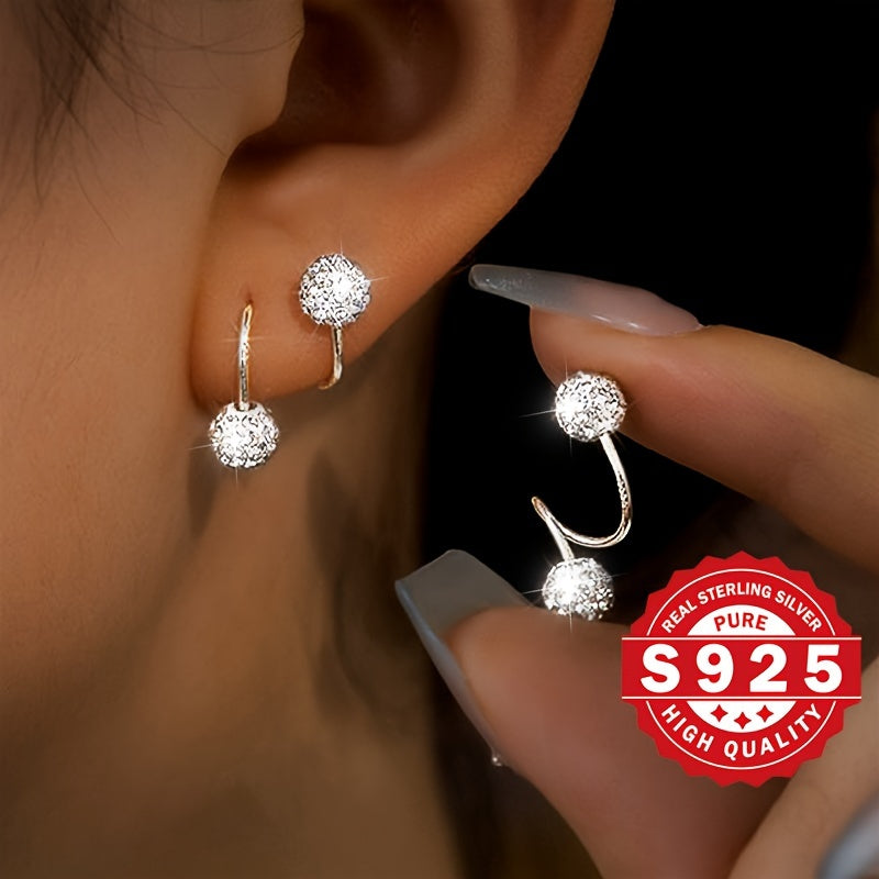 Luxurious 925 Sterling Silver Screw Ball Stud Earrings, adorned with Sparkling Screw Buckle S Bar. Ideal for gifting at Christmas or wearing to a Music Festival themed party with friends.