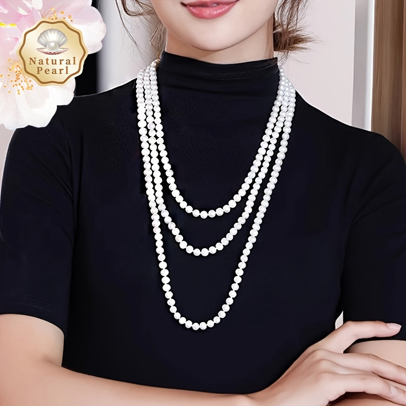 Elegant Multi-Layer Sweater Chain: MUFAN Vintage Natural Freshwater Pearl Necklace for Women, 6-8mm, 200cm Long Strand, June Birthstone, No Plating, Perfect for Daily Wear and Special Occasions. Comes in a Gift Box.