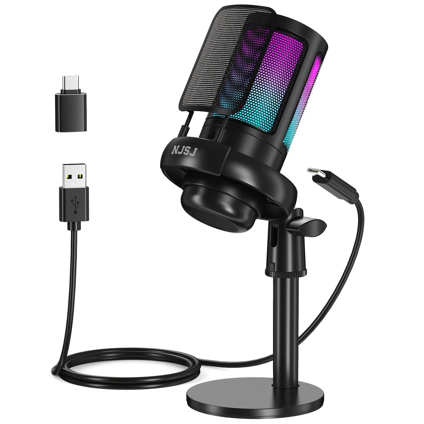 NJSJ USB Microphone with RGB lighting for PC, PS4/PS5, Mac, and phone, perfect for streaming and podcasting.