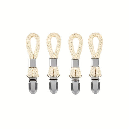 Set of 4 stylish braided rope towel clips featuring strong metal clamps, perfect for organizing towels and clothes in the kitchen or bathroom. These space-saving clips securely hold items in place with a sturdy design, making them ideal for hanging