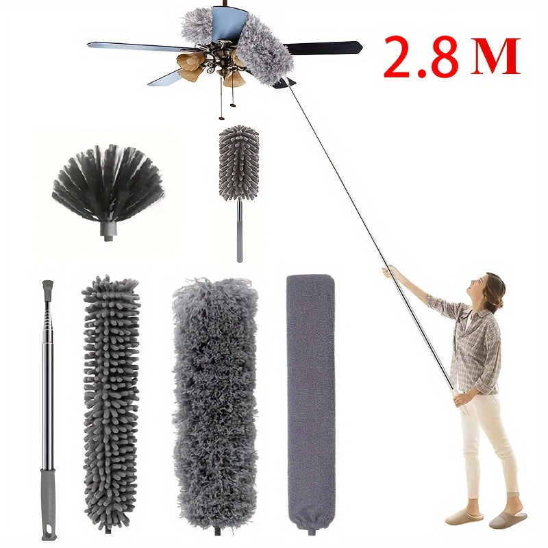 Set of 4/6 Microfiber Dusters With Extension Pole for Dust Removal. Includes Retractable Brush, Bendable Head Dusting Brush, and Reusable Ceiling Fan Duster. Perfect for High Ceilings, Furniture, Cars, and more. Washable and Ready to use as a Cleaning