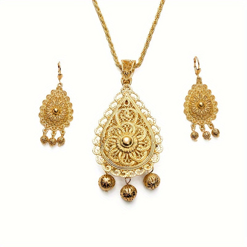 Vintage Luxury Double Layer Pendant Necklace and Earrings Set, 24K Golden Plated Zinc Alloy with Traditional Algerian Filigree Carving. Perfect for Weddings, Gifts, and Ramadan Holidays. Suitable for all Seasons. Ideal Bridal Jewelry Set.