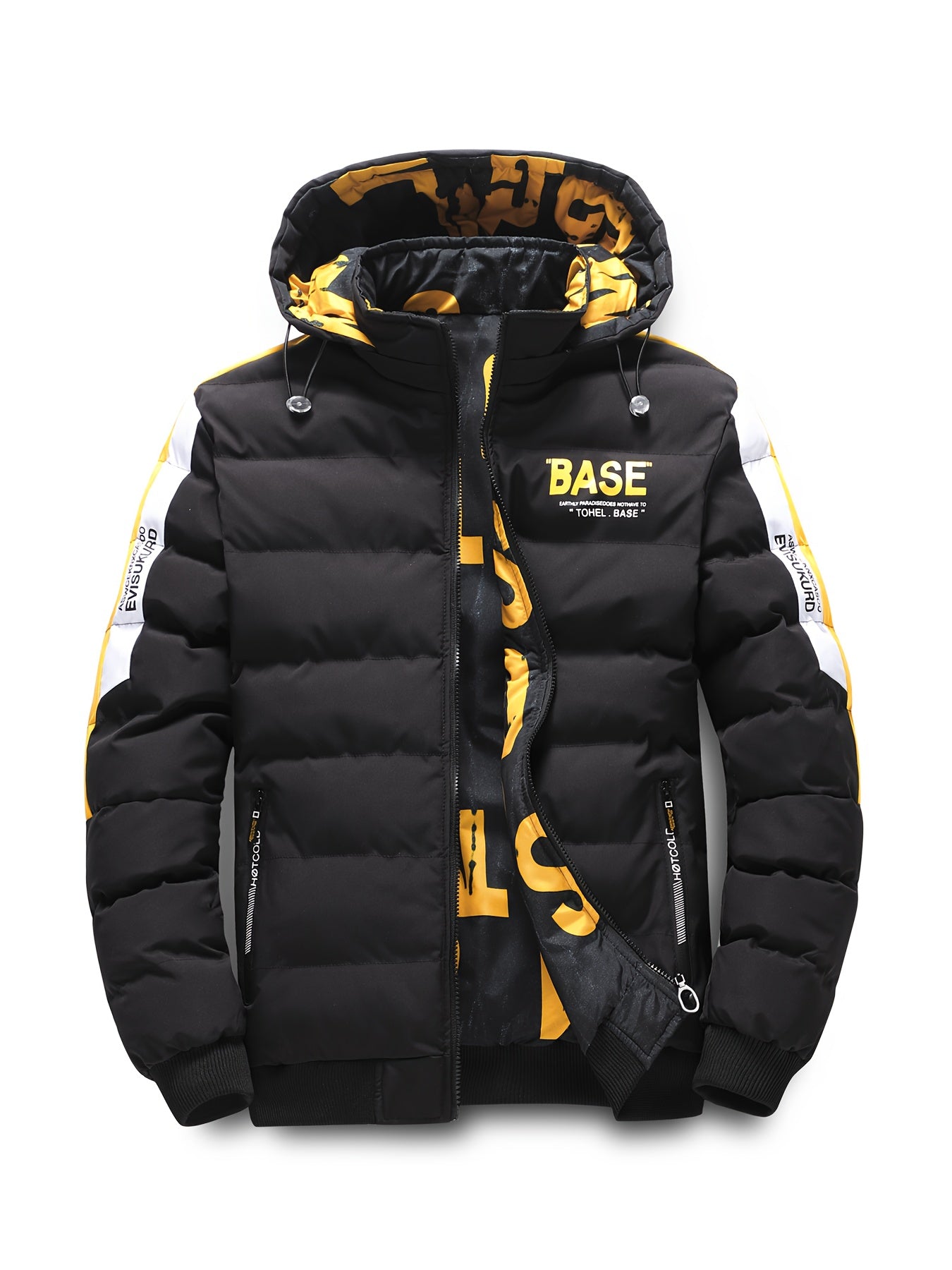 Men's hooded jacket with alphabet pattern, regular fit, non-stretch fabric, zipper details, and polyester fiber filling for winter.