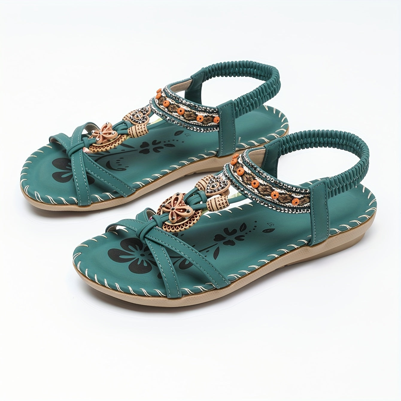 Handmade dark green flat sandals with beaded details. Perfect for casual or tribal style with open toe design and ankle strap. Casual sandals with a woven texture.