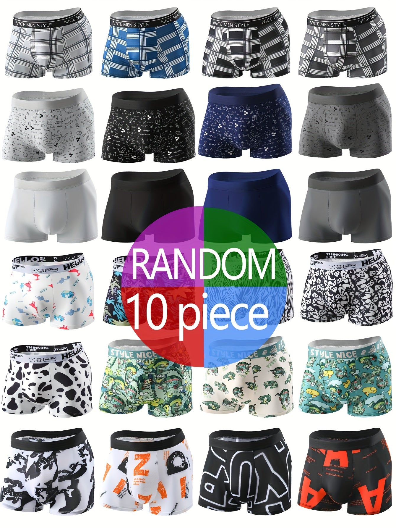 Pack of 10 men's boxer briefs with assorted animal prints in a comfortable stretch polyester-spandex blend. Features moisture-wicking technology, casual style, and bow detail.