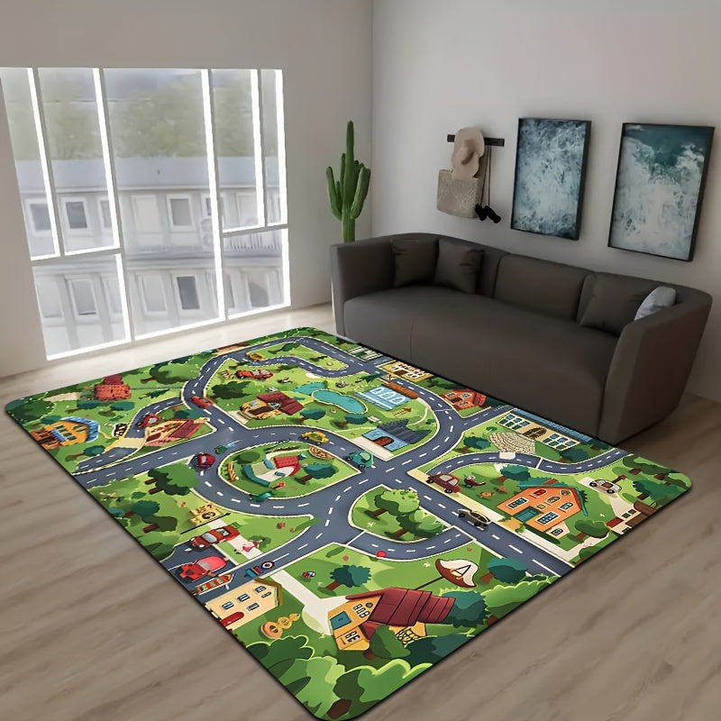 Green cartoon village design carpet suitable for use in children's rooms, bathrooms, kitchens, living rooms, bedrooms, interior doors, and entryways. The carpet has a thickness of 8mm and can be machine washed. Ideal for adding a decorative touch to your