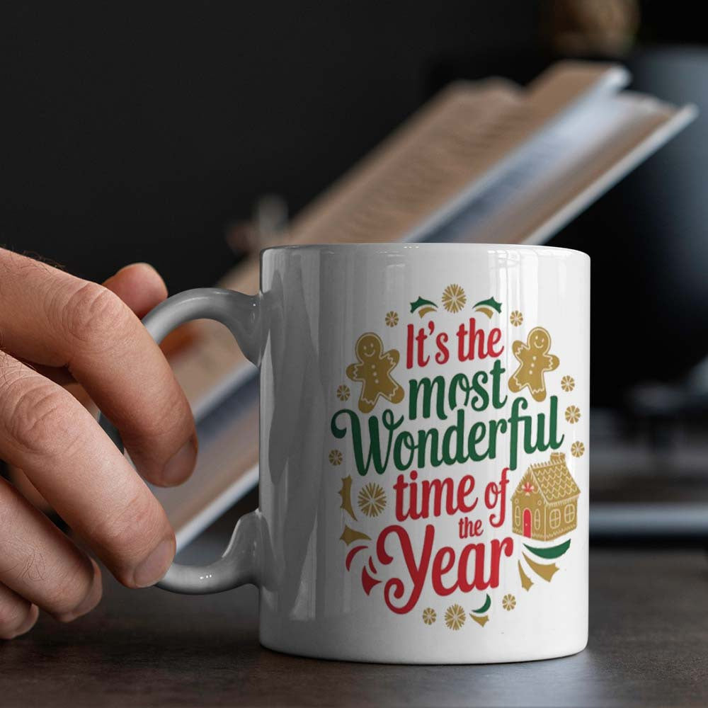 Get into the holiday spirit with this festive ceramic coffee mug featuring the phrase "It's the Most Wonderful Time of the Year." Perfect for the office, camping, or dining. This mug is food-safe and requires no power.