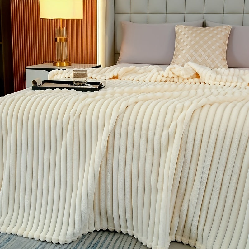 Soft and cozy lambswool throw blanket made with ultra-soft taffeta material. Features rolled edges and a solid beige color. Versatile for napping, bedroom, office, sofa, and travel. Makes the perfect Christmas gift.