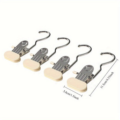 Ten metal clothes hangers with a polished finish and multi-functional broadened no-crease clips for hats, straps, and jeans. These durable anti-slip portable clamps are perfect for hanging socks.