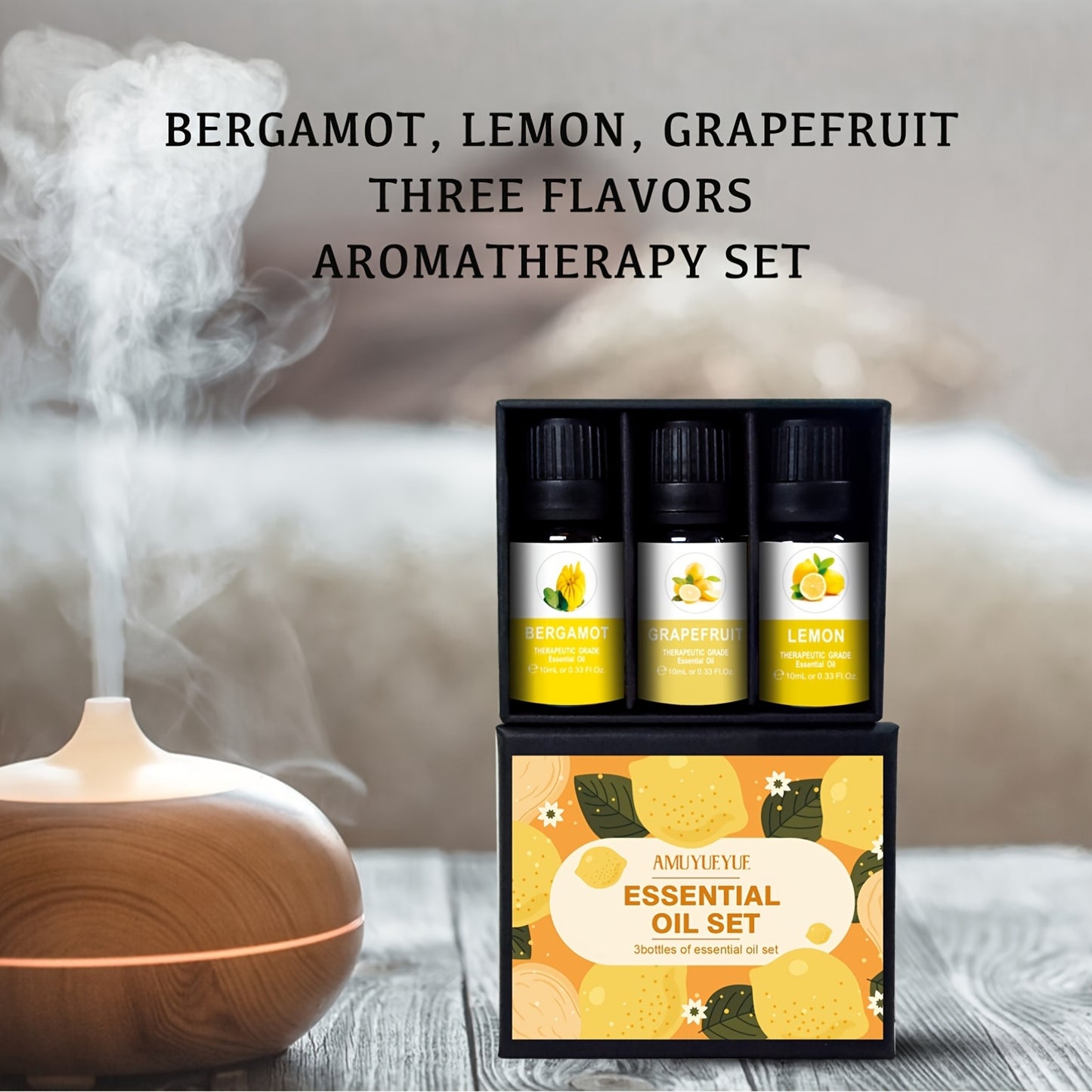 1 Set of Aromatherapy Essential Oils: Bergamot, Grapefruit, and Lemon scents, for diffusers, humidifiers, and car aromatherapy. Mood-lifting, under 1L liquid quantity, with active lemon