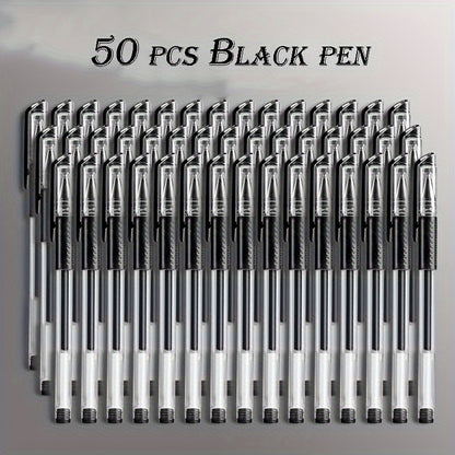 50-pack gel and ballpoint pen set with fine 0.5mm point in assorted black, blue, and red ink. Ideal for students, school, and office use with comfort grip. Suitable for ages 14 and above.