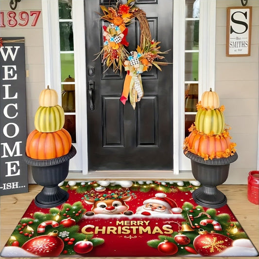 Get into the holiday spirit with this festive red flannel Christmas carpet featuring a non-slip Santa Claus and reindeer pattern. This thickened sponge carpet is perfect for adding a touch of Christmas cheer to your home decor. Use it as a door mat