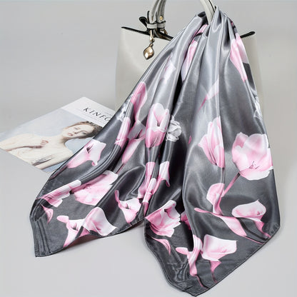 1 dona Elegant Blue Floral Print Square Scarf - Ayollar uchun zamonaviy, iliq va shamolga chidamli bosh kiyim, barcha mavsumlar uchun mukammal, ochiq havoda quyoshdan himoya, engil polyester mato, 85g/m², tasodifiy