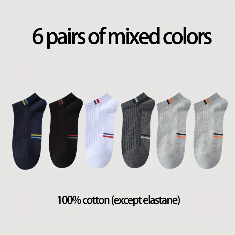 6 pairs of men's low-cut ankle socks made from a lightweight cotton blend with stretch and heel protection for spring/summer comfort.