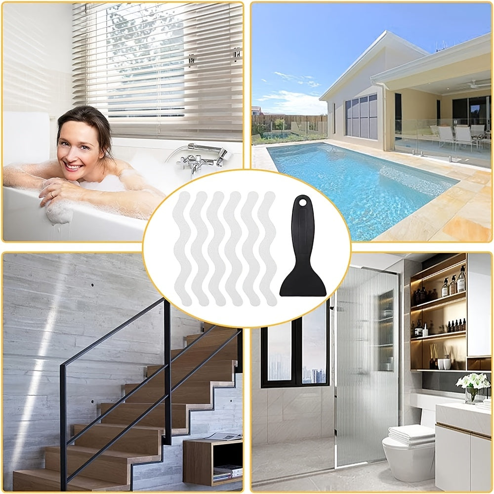 Safeguard your modern white bathroom with our transparent safety tape! This set includes 6, 12, 18, or 24 S-Wave Non-Slip Bathtub Strips, along with a scraper for easy installation. Ensure the safety of both your floors and tub with this practical and