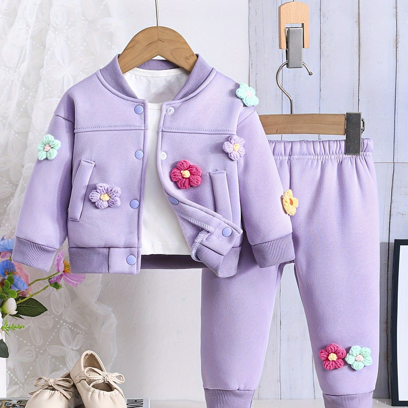 Baby girl's 2-piece colorful flower varsity + casual pants set for outdoor wear in fall and spring.