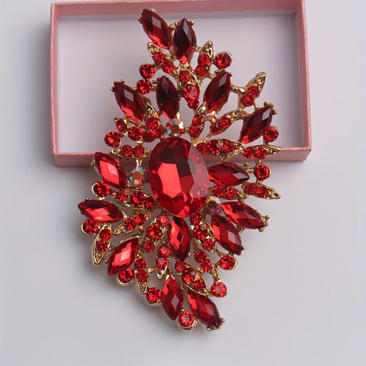 Extravagant Red Crystal Glass Brooch Pin with Large Floral Design, a Stylish Women's Fashion Accessory