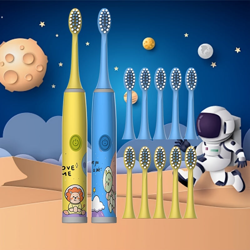 2 Electric Toothbrushes with 12 Brush Heads, Cartoon Space Series, Battery Powered for 3-13 year olds, Gentle Bristles, 2min Timer, Tooth Protection, Gift