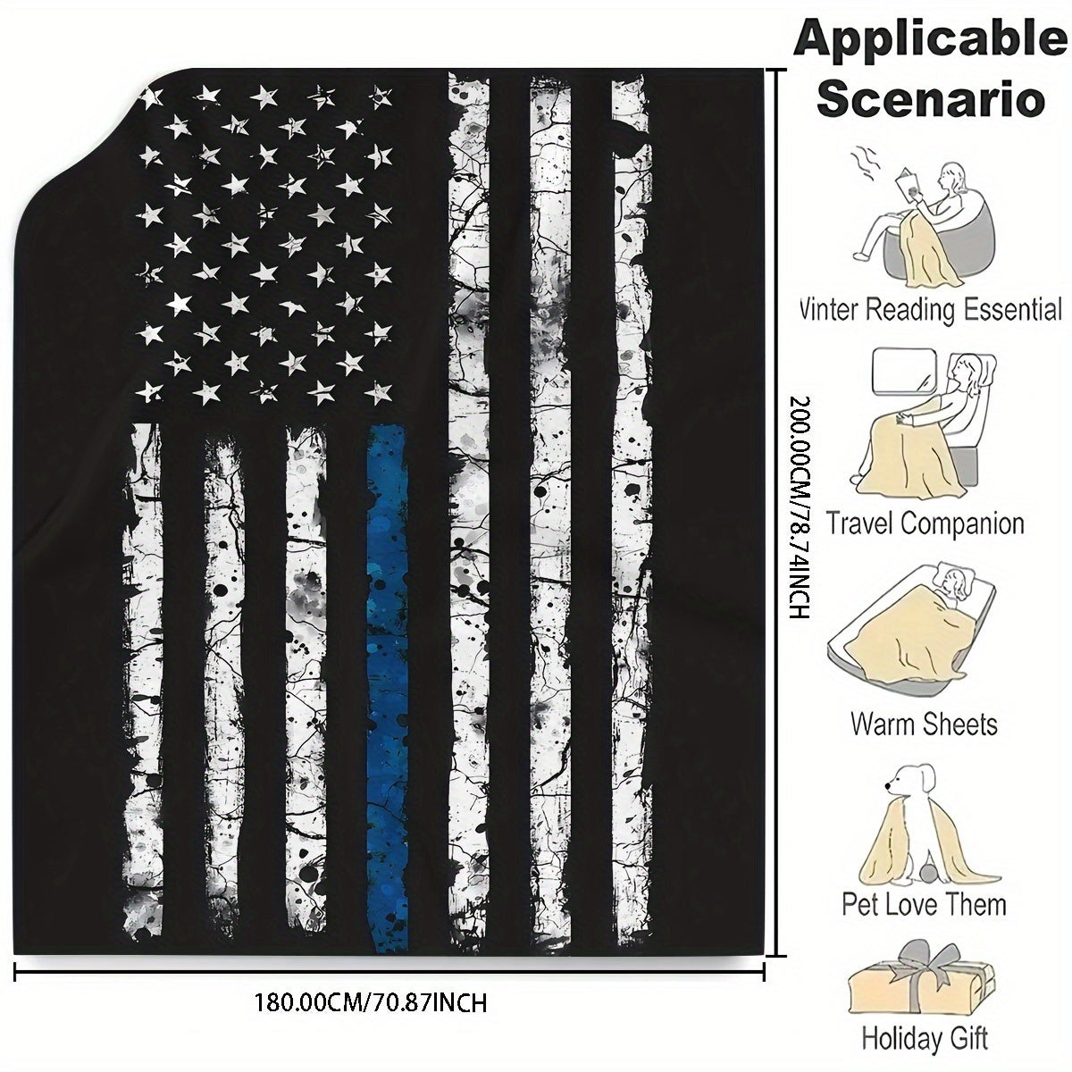 One Thin Blue Line American Flag Flannel Print Throw Blanket, Suitable for All Seasons, Easy to Clean in Washing Machine, Modern Design, Versatile Use, Made of Soft Fabric, Weighing 200-250g, Ideal for Bedroom, Living Room, or Sofa, Great Gift Option.