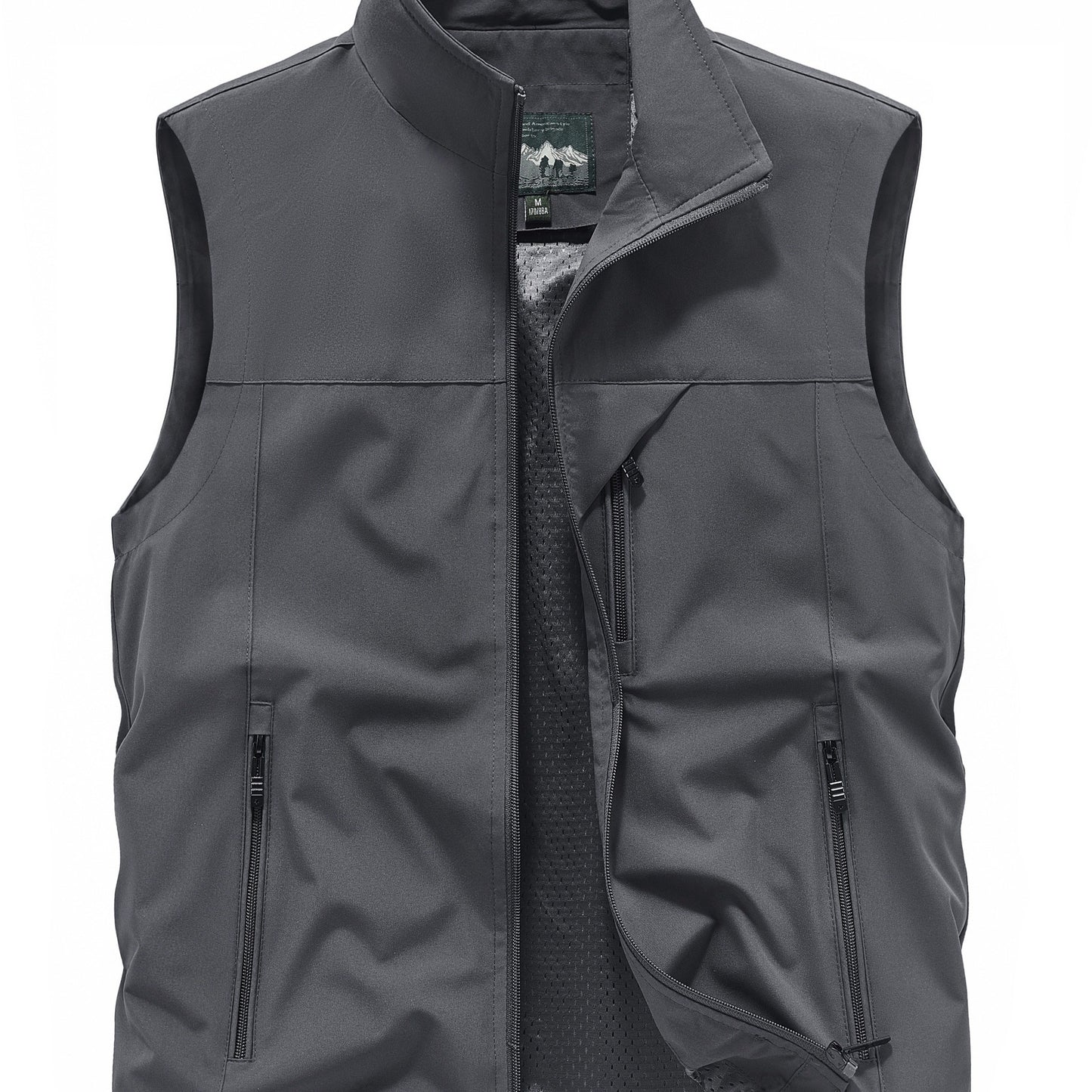 Men's Sleeveless Jacket with Zipper Pockets, Stand Neck Vest for Outdoor Activities.