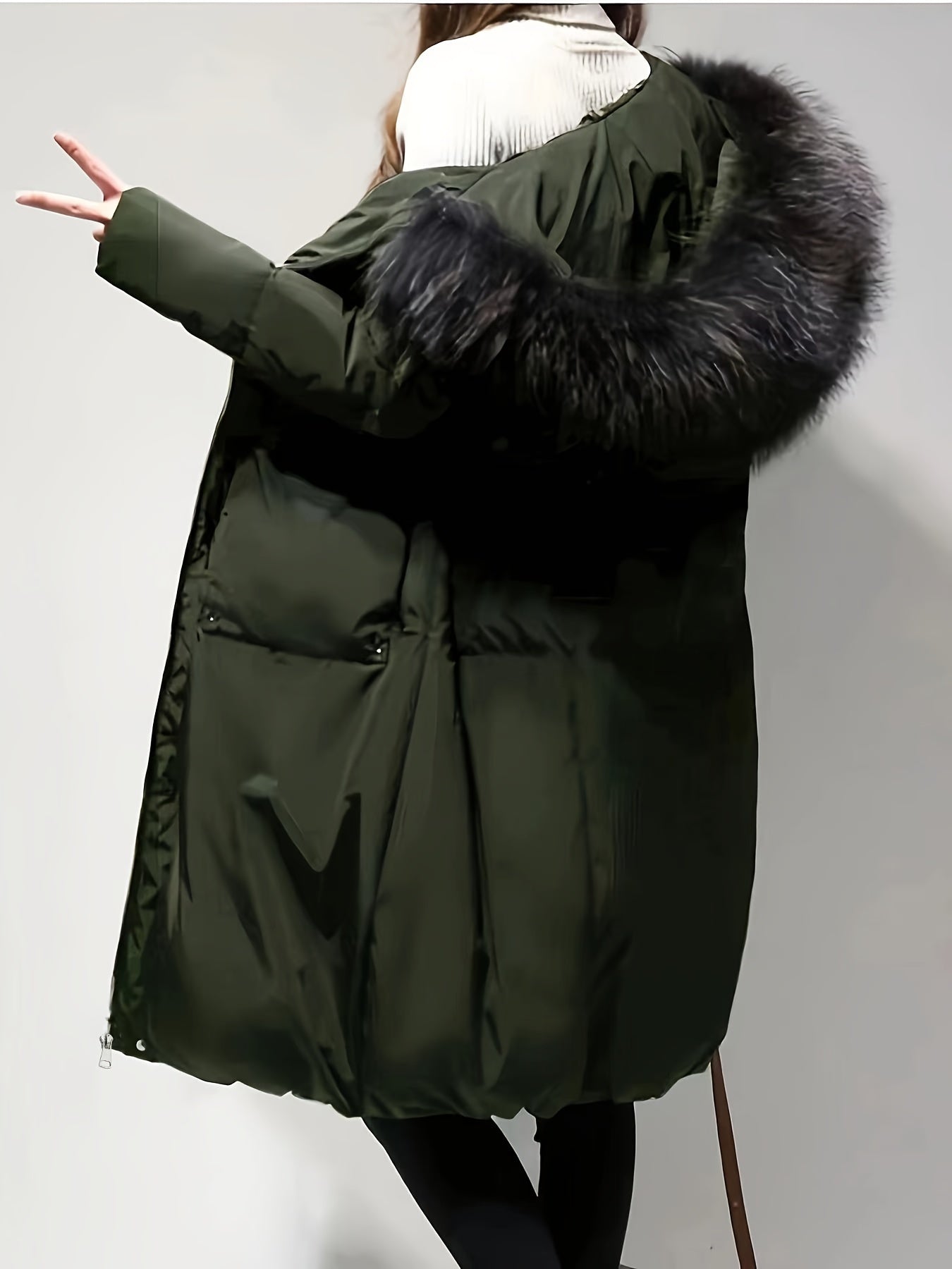 Women's Elegant Long Winter Hooded Coat with Faux Fur Trim, Zip-Up Front, and Side Pockets for Cold Weather Style.