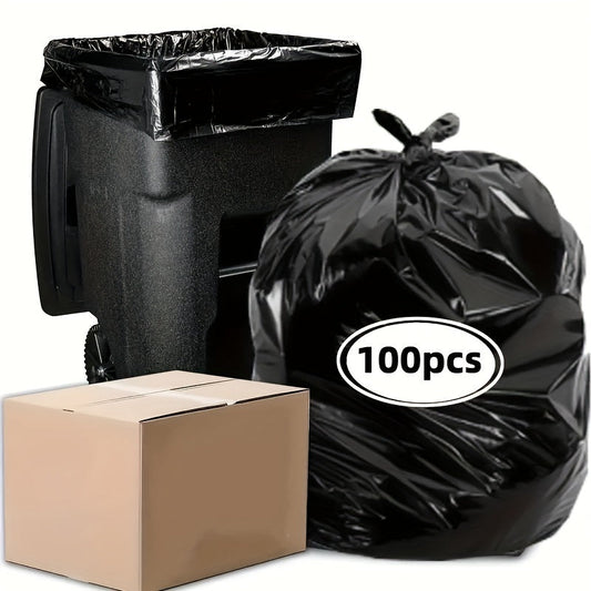 100 count of versatile plastic garbage bags - sturdy, tear-proof black trash bags with a 55-gallon capacity for commercial and yard cleanups. Perfect for big brute trash cans.