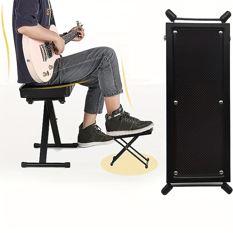 Guitar foot pedal and foot stool with 4 adjustable heights, durable metal construction, non-slip design. Ideal for musicians playing instruments or guitar at home or elsewhere.