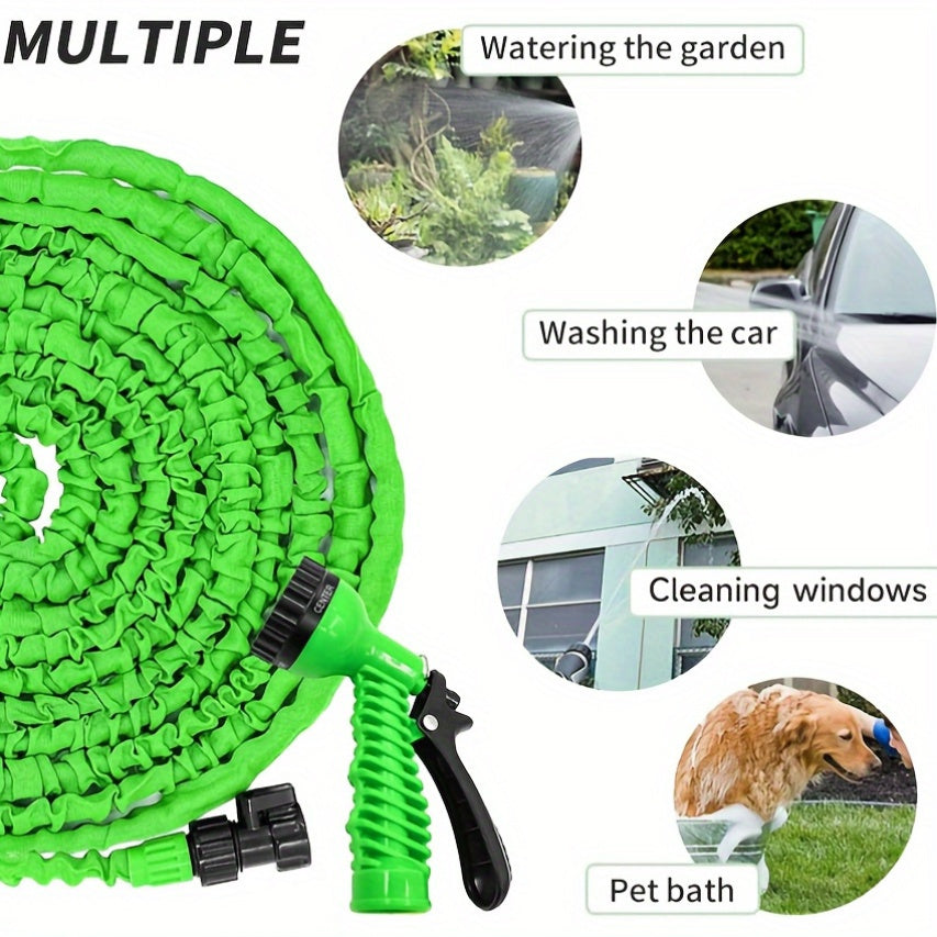 Expandable garden hose, 22.86-meter length, high pressure irrigation, multi-functional car wash pipe, shrinkable design, spray gun included, rubber watering equipment, no battery needed.