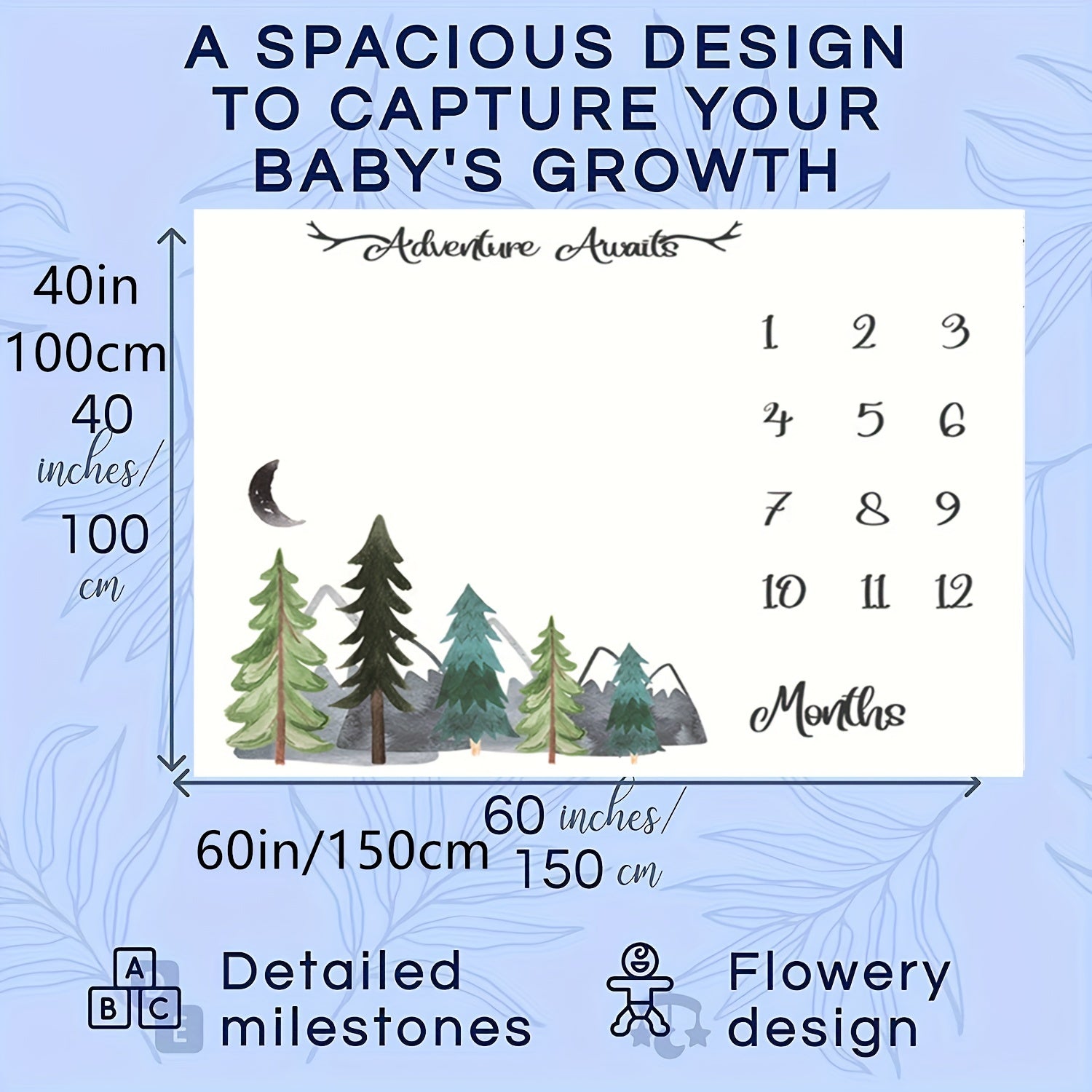 Monthly milestone blanket for your baby, featuring a felt frame and mountain design. Perfect for tracking your little boy's growth and decorating your woodland nursery. Ideal for baby showers, measuring 60x40 inches.