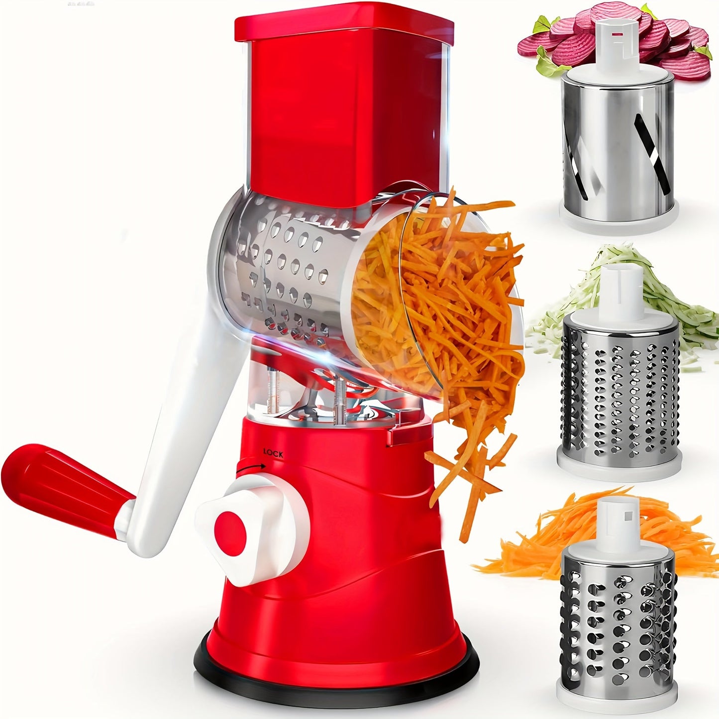 One piece of a durable plastic 3-blade fruit and veggie slicer and shredder, suitable for food-grade use in home kitchens, restaurants, and baking. This versatile tool is easy to assemble and perfect for all types of food preparation.