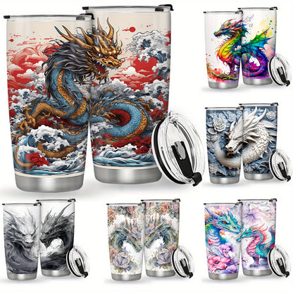 Stainless steel tumbler featuring a 3D dragon design, leak proof and BPA free. Vacuum insulated for outdoor activities. Ideal gift for holidays and birthdays.